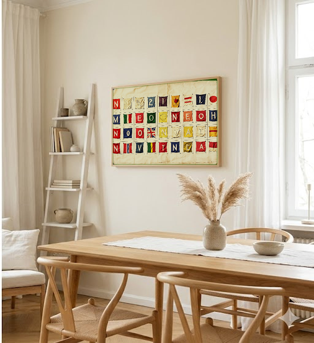 Nautical Signal Flag Canvas Wall Art | Alphabet Grid Print, Coastal Grandma Decor, Stretched Canvas — signal-flag-alphabet-grid-dining-room-wall-art.jpg