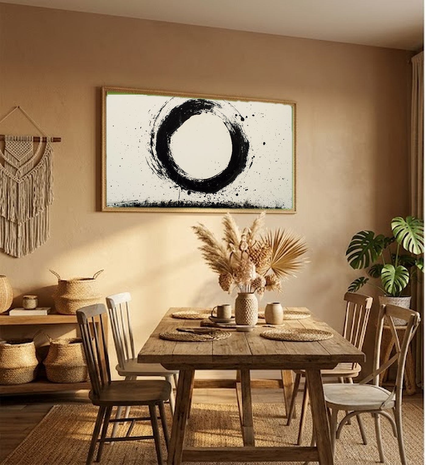Enso Circle Canvas Wall Art | Single Brush Ink Print, Zen Japandi Decor, Stretched Canvas — single-brush-enso-hallway-wall-art.jpg