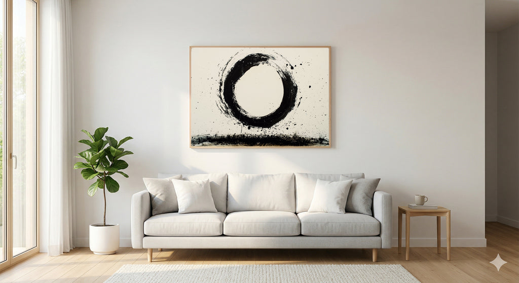 Enso Circle Canvas Wall Art | Single Brush Ink Print, Zen Japandi Decor, Stretched Canvas — single-brush-enso-living-room-wall-art.jpg