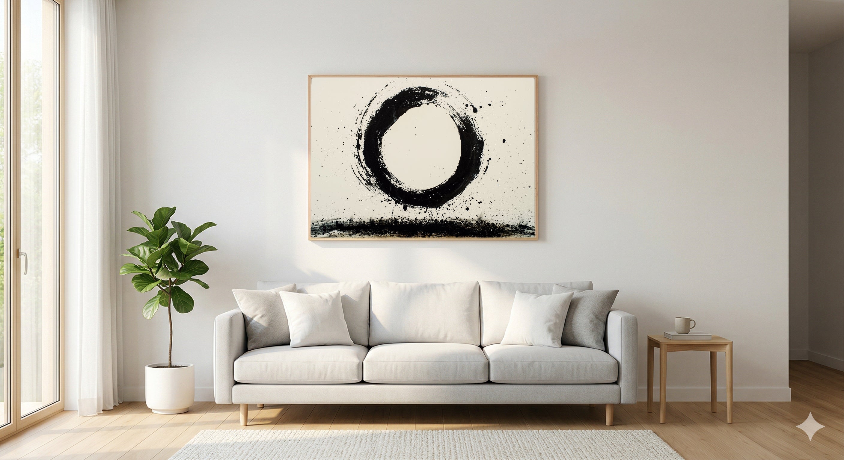 Enso Circle Canvas Wall Art | Single Brush Ink Print, Zen Japandi Decor, Stretched Canvas — single-brush-enso-living-room-wall-art.jpg