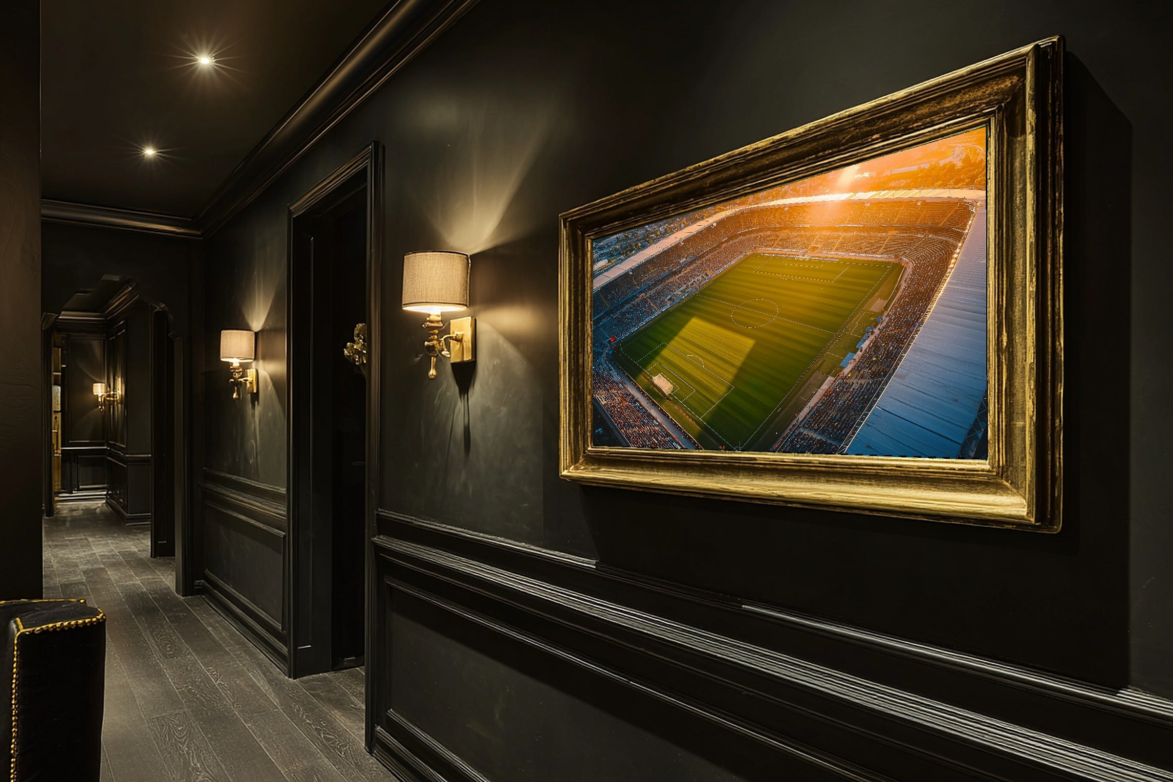 Soccer Pitch Golden Hour Print on Stretched Canvas — Soulful Warm Gallery for the Living Room, Gift for the Art Lover in Your Life — soccer-pitch-golden-hour-hallway-wall-art.jpg