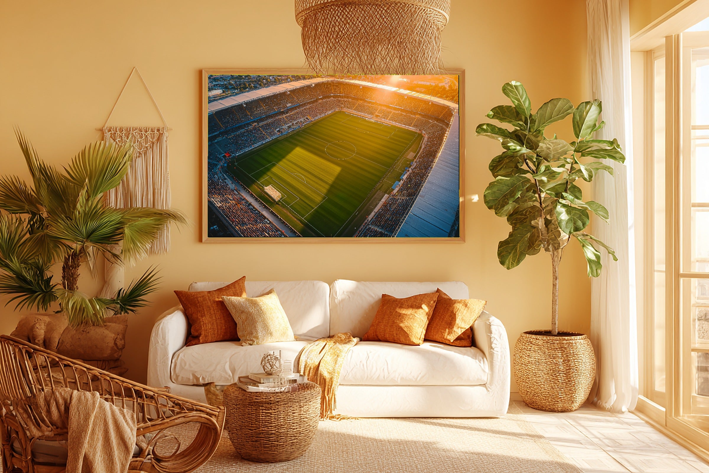 Soccer Pitch Golden Hour Print on Stretched Canvas — Soulful Warm Gallery for the Living Room, Gift for the Art Lover in Your Life — soccer-pitch-golden-hour-room-5-wall-art.jpg