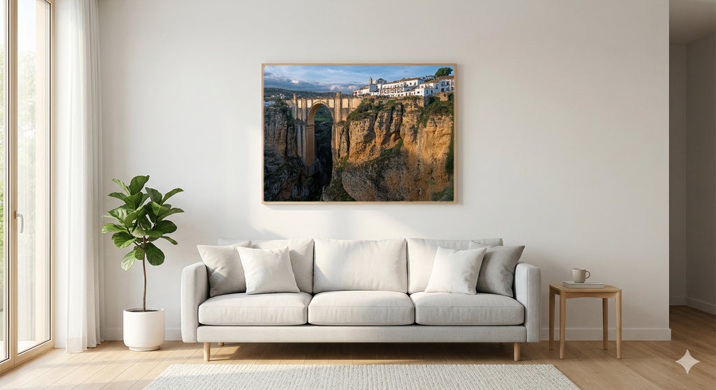 Ronda Canvas Wall Art | Spain Gorge Bridge Print, Andalusia Decor, European Landscape, Stretched Canvas — spain-ronda-gorge-living-room-wall-art.jpg