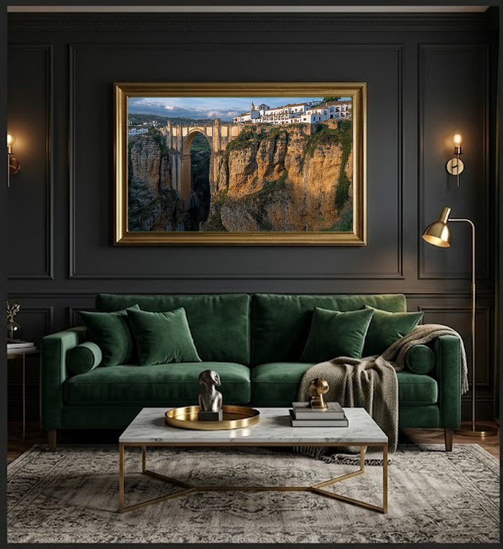 Ronda Canvas Wall Art | Spain Gorge Bridge Print, Andalusia Decor, European Landscape, Stretched Canvas — spain-ronda-gorge-office-wall-art.jpg