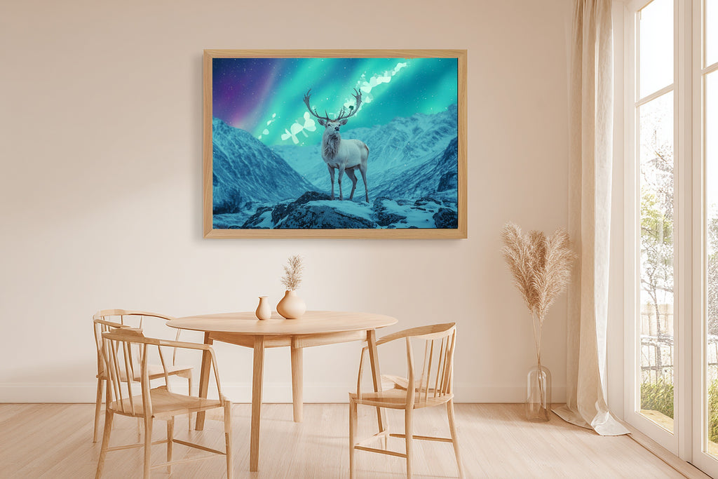 Stag Aurora Mountain Museum-Quality Canvas, Deep Winter Night, Bedroom Focal Point, Premium Canvas, Elegant Hostess Gift — stag-aurora-mountain-dining-room-wall-art.jpg