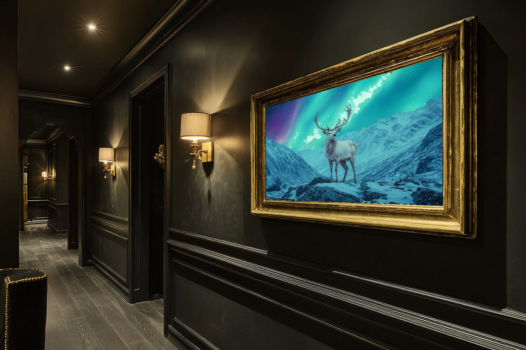 Stag Aurora Mountain Museum-Quality Canvas, Deep Winter Night, Bedroom Focal Point, Premium Canvas, Elegant Hostess Gift — stag-aurora-mountain-hallway-wall-art.jpg