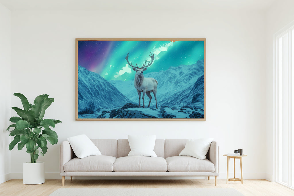 Stag Aurora Mountain Museum-Quality Canvas, Deep Winter Night, Bedroom Focal Point, Premium Canvas, Elegant Hostess Gift — stag-aurora-mountain-living-room-wall-art.jpg