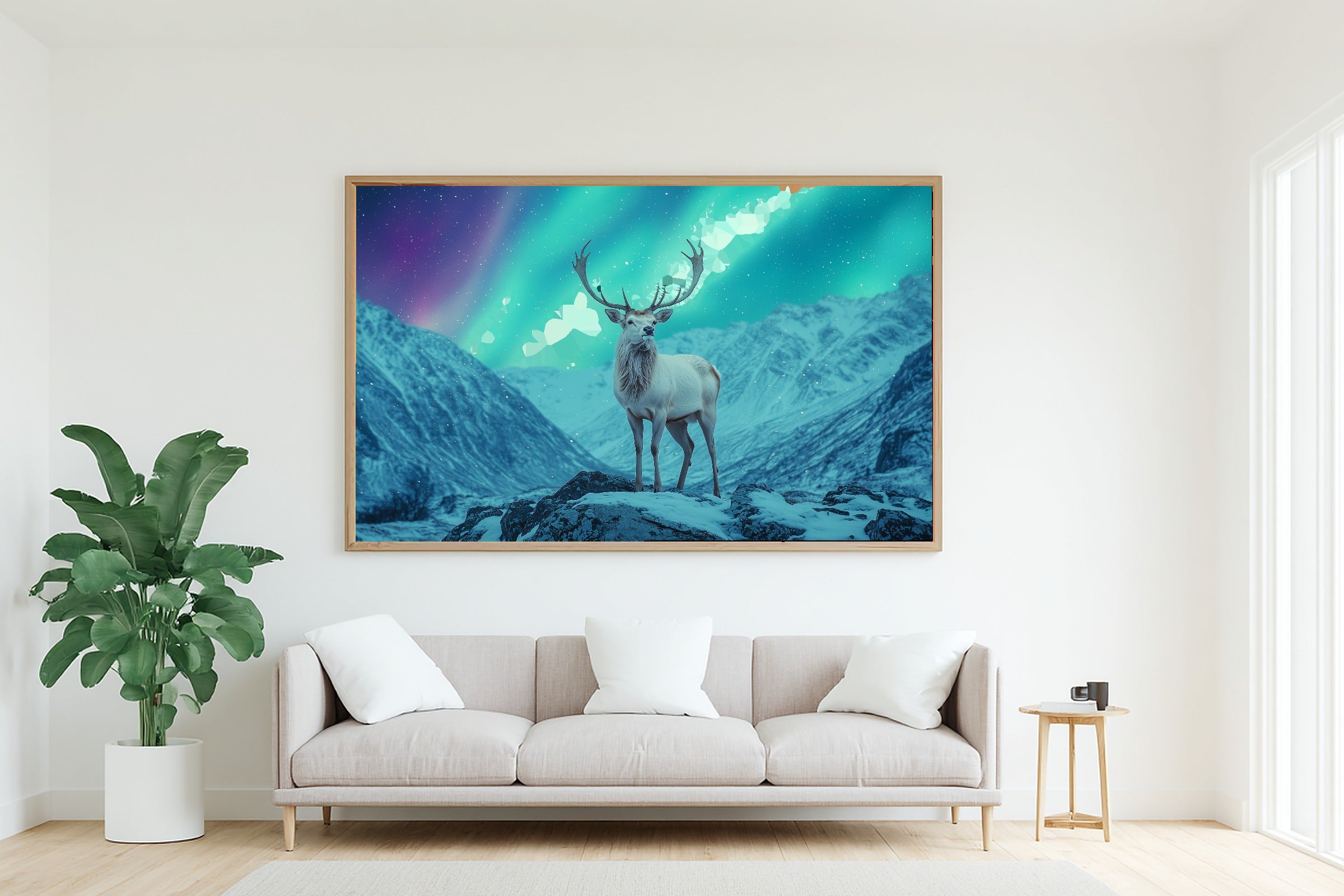 Stag Aurora Mountain Museum-Quality Canvas, Deep Winter Night, Bedroom Focal Point, Premium Canvas, Elegant Hostess Gift — stag-aurora-mountain-living-room-wall-art.jpg