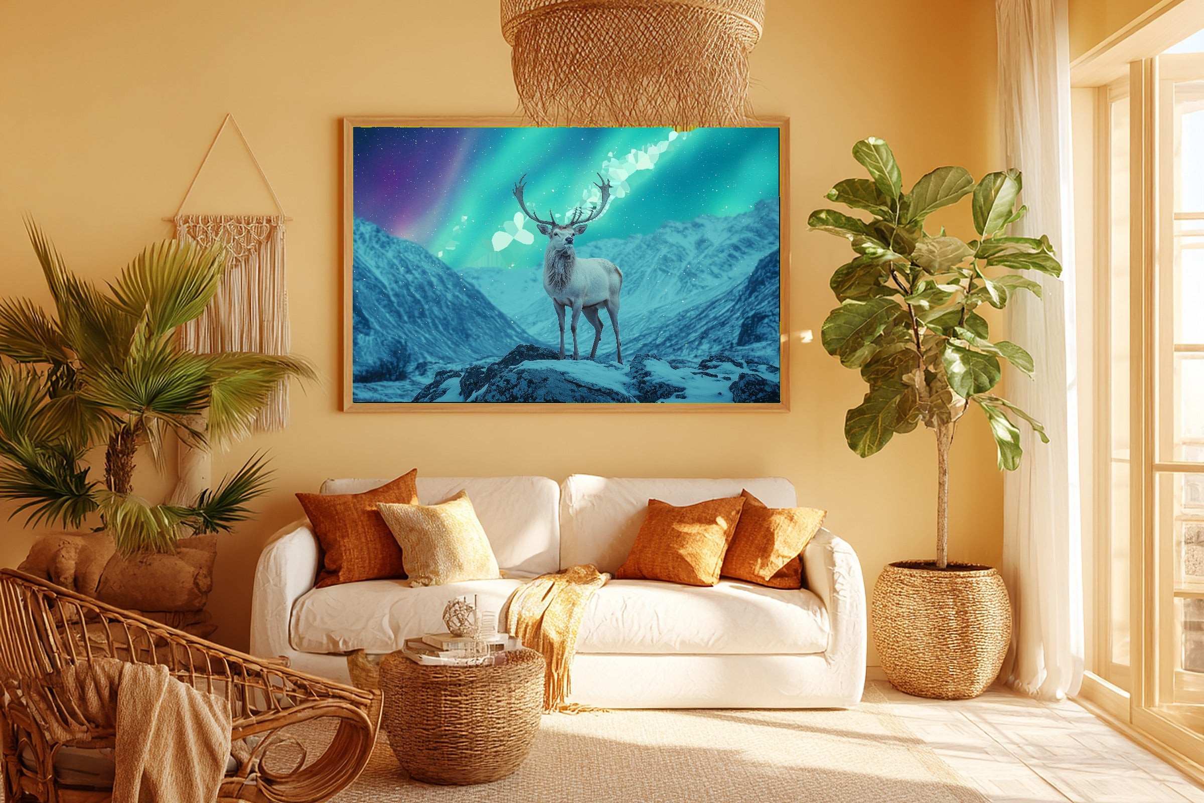 Stag Aurora Mountain Museum-Quality Canvas, Deep Winter Night, Bedroom Focal Point, Premium Canvas, Elegant Hostess Gift — stag-aurora-mountain-room-5-wall-art.jpg