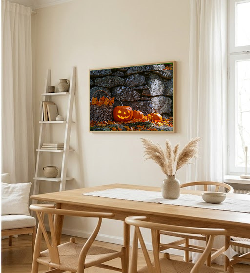 Pumpkin Patch Canvas Wall Art | Stone Wall Oil Print, New England Fall Decor, Stretched Canvas — stone-wall-pumpkin-patch-dining-room-wall-art.jpg