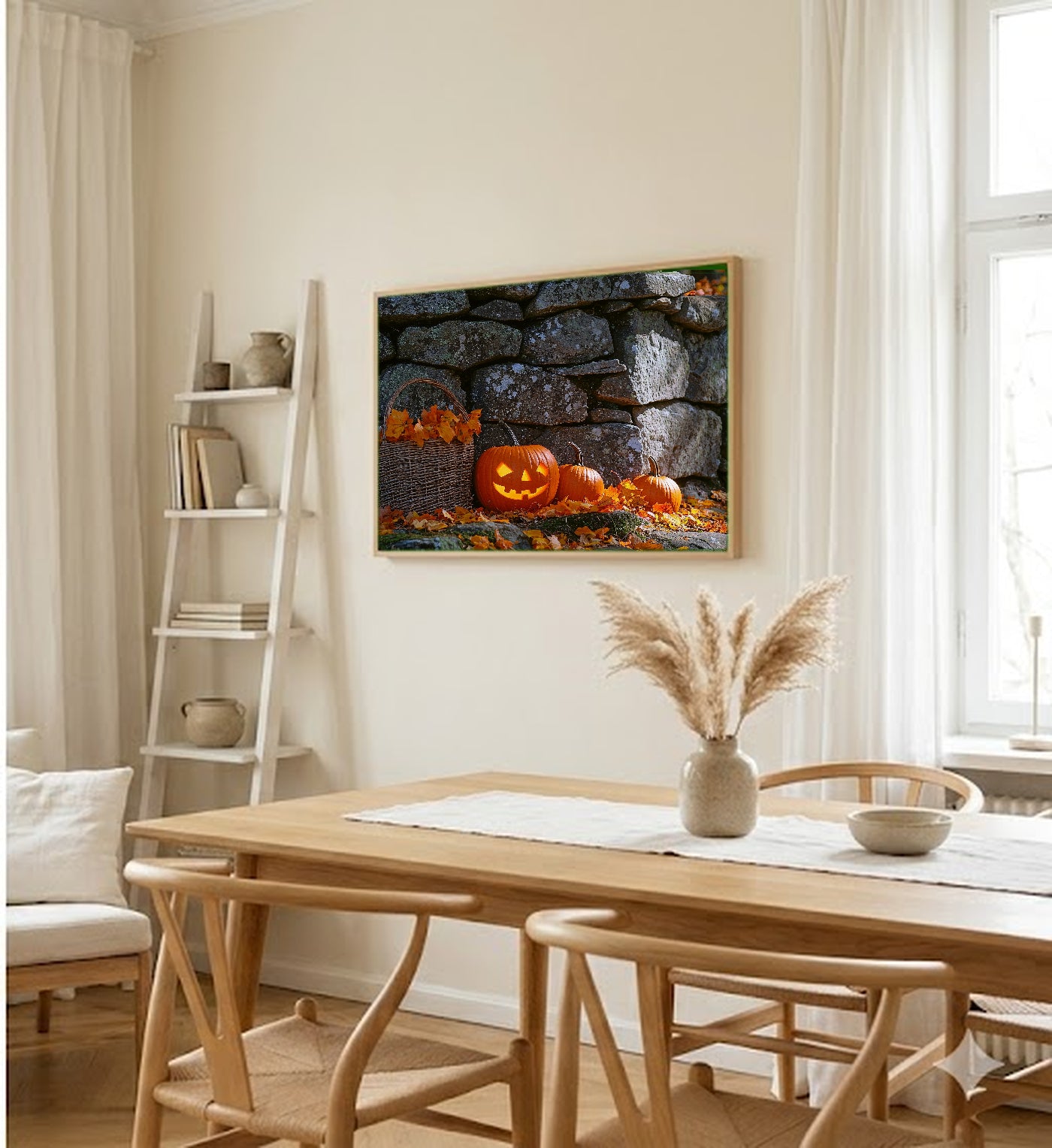 Pumpkin Patch Canvas Wall Art | Stone Wall Oil Print, New England Fall Decor, Stretched Canvas — stone-wall-pumpkin-patch-dining-room-wall-art.jpg