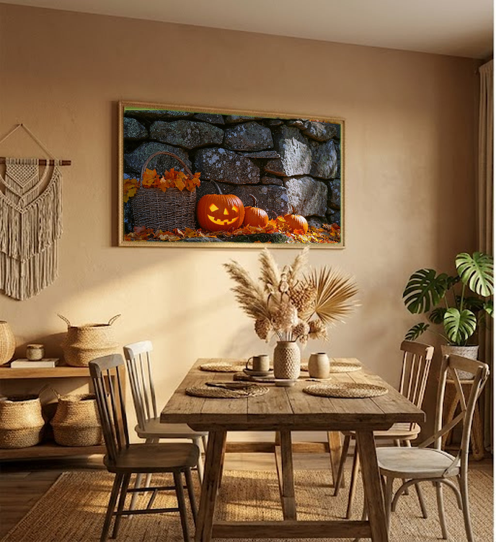 Pumpkin Patch Canvas Wall Art | Stone Wall Oil Print, New England Fall Decor, Stretched Canvas — stone-wall-pumpkin-patch-hallway-wall-art.jpg