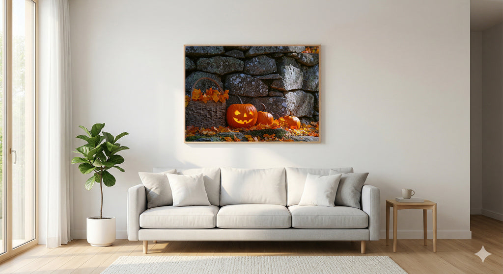 Pumpkin Patch Canvas Wall Art | Stone Wall Oil Print, New England Fall Decor, Stretched Canvas — stone-wall-pumpkin-patch-living-room-wall-art.jpg