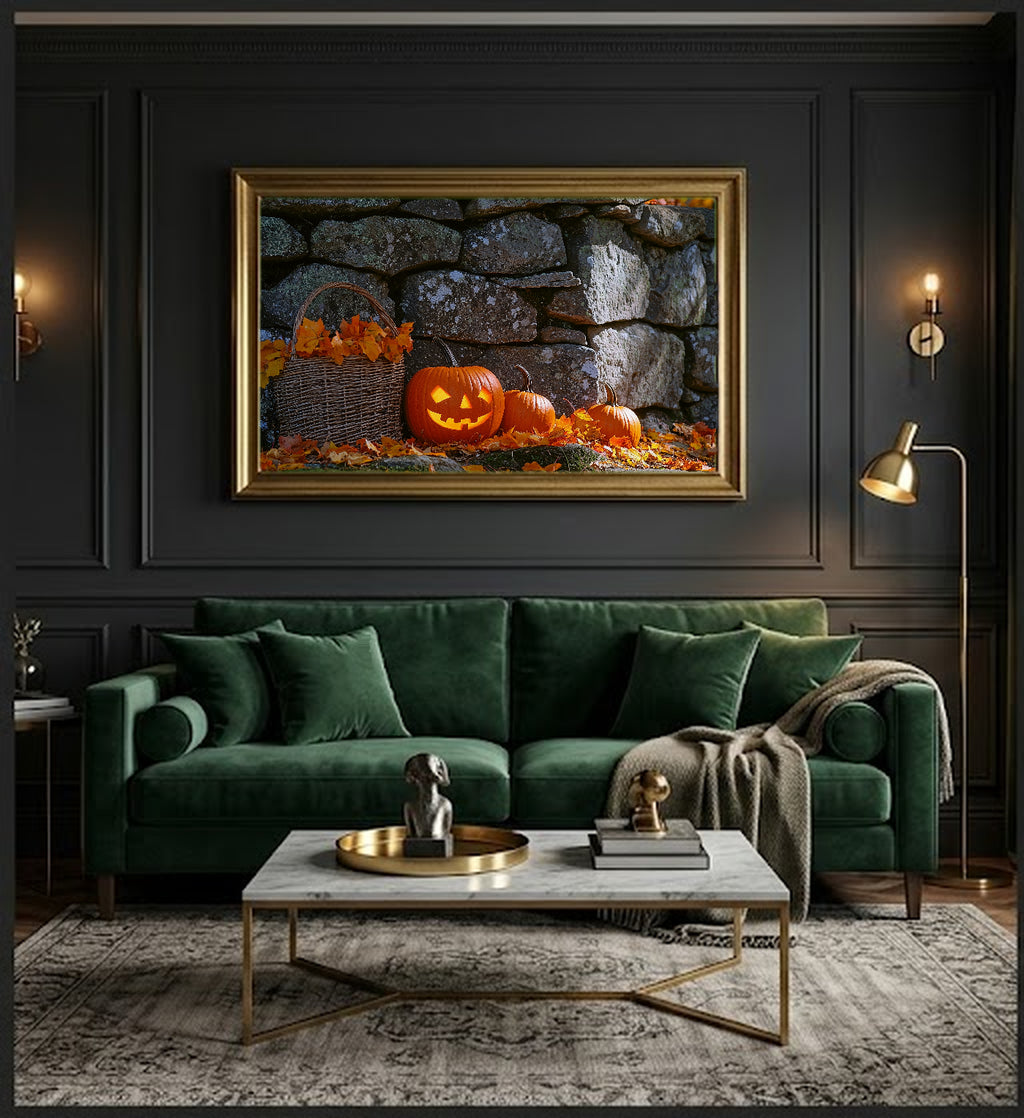 Pumpkin Patch Canvas Wall Art | Stone Wall Oil Print, New England Fall Decor, Stretched Canvas — stone-wall-pumpkin-patch-office-wall-art.jpg