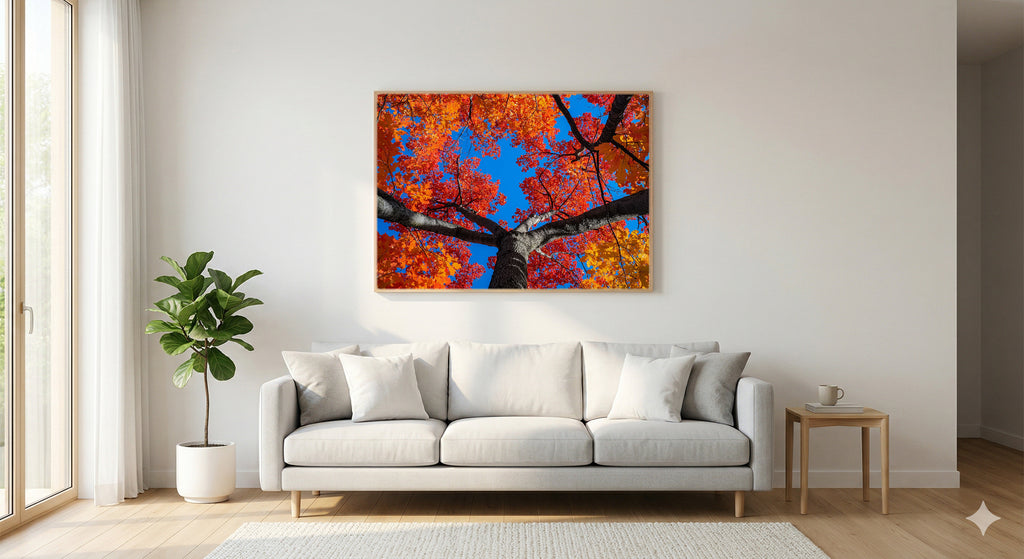 Sugar Maple Canvas Wall Art | Fall Canopy Looking Up Print, New England Decor, Stretched Canvas — sugar-maple-canopy-up-living-room-wall-art.jpg