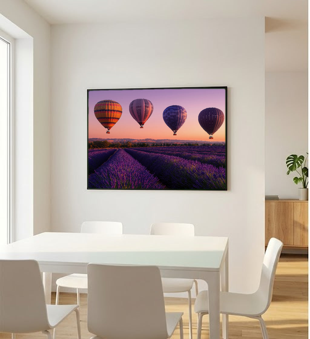 Hot Air Balloon Canvas Wall Art | Lavender Sunset Print, Provence Sky, Dreamy Decor, Stretched Canvas — sunset-lavender-hot-air-bedroom-wall-art.jpg