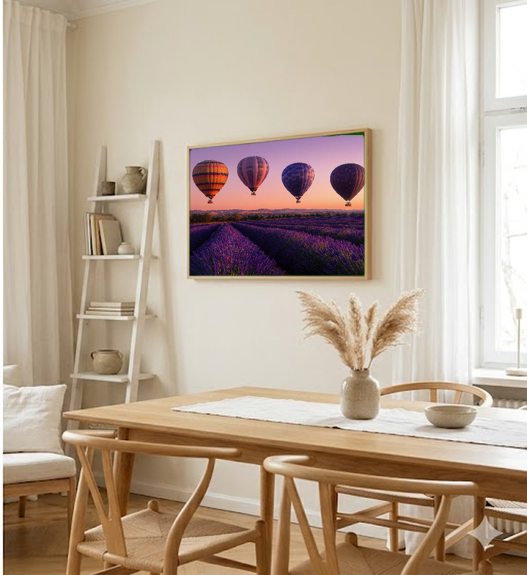 Hot Air Balloon Canvas Wall Art | Lavender Sunset Print, Provence Sky, Dreamy Decor, Stretched Canvas — sunset-lavender-hot-air-dining-room-wall-art.jpg