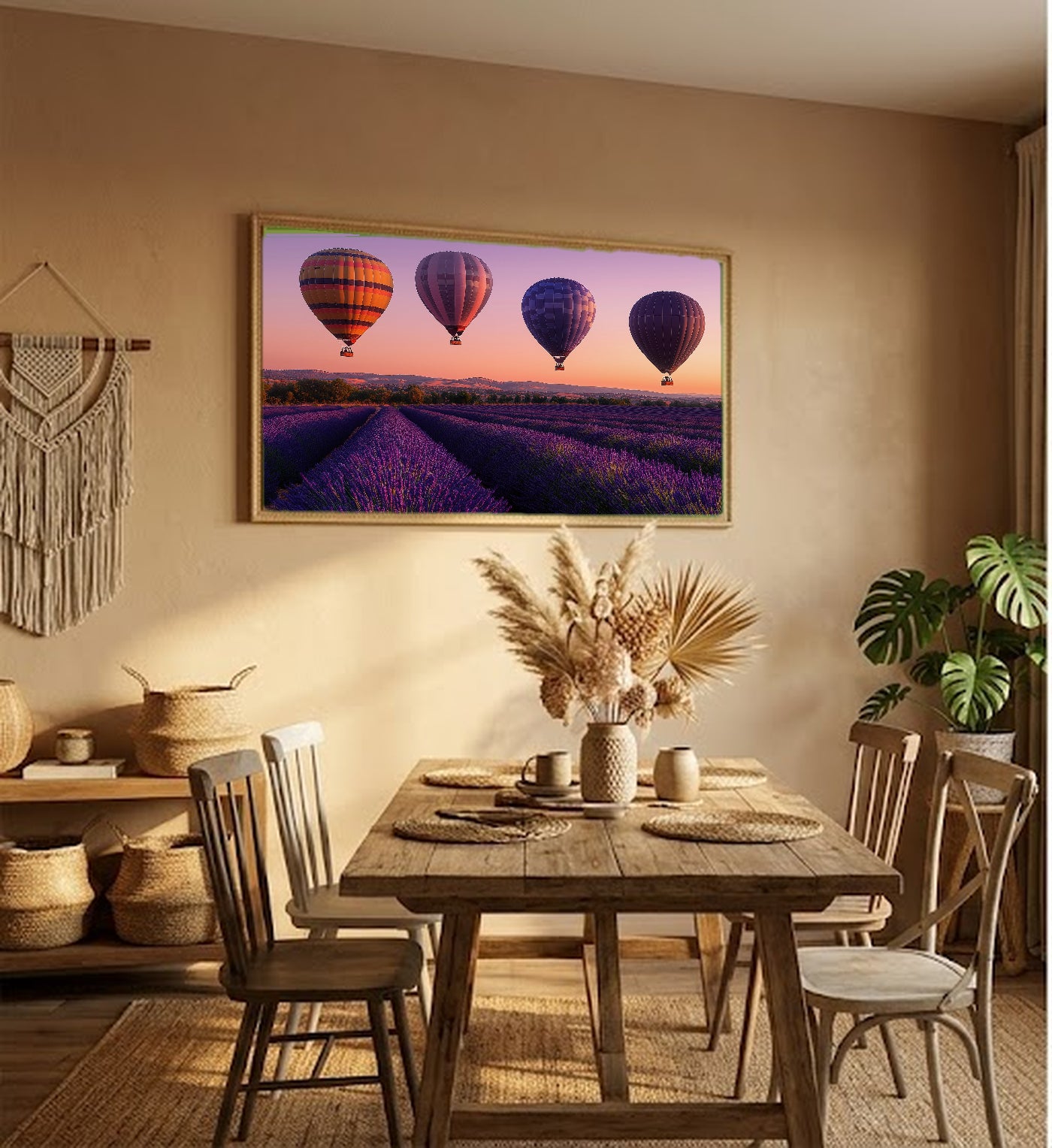 Hot Air Balloon Canvas Wall Art | Lavender Sunset Print, Provence Sky, Dreamy Decor, Stretched Canvas — sunset-lavender-hot-air-hallway-wall-art.jpg