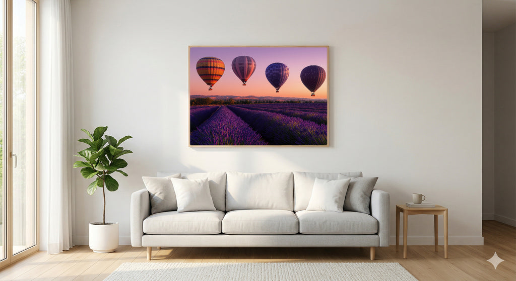 Hot Air Balloon Canvas Wall Art | Lavender Sunset Print, Provence Sky, Dreamy Decor, Stretched Canvas — sunset-lavender-hot-air-living-room-wall-art.jpg