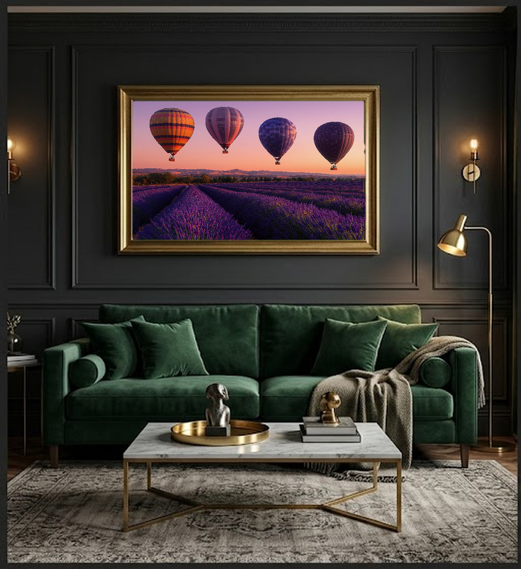 Hot Air Balloon Canvas Wall Art | Lavender Sunset Print, Provence Sky, Dreamy Decor, Stretched Canvas — sunset-lavender-hot-air-office-wall-art.jpg
