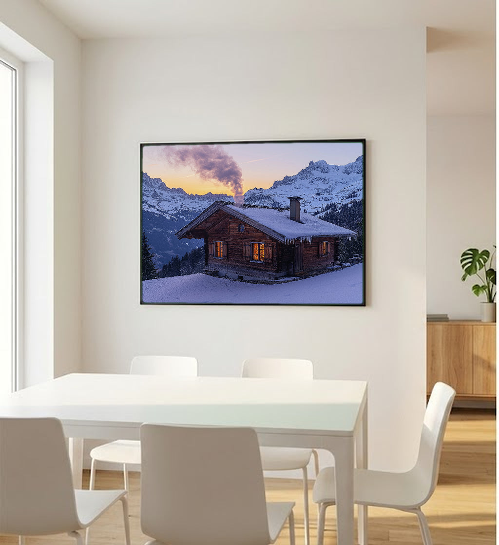Swiss Chalet Canvas Wall Art | Alpine Village Print, Mountain Decor, European Landscape, Stretched Canvas — swiss-alps-chalet-bedroom-wall-art.jpg