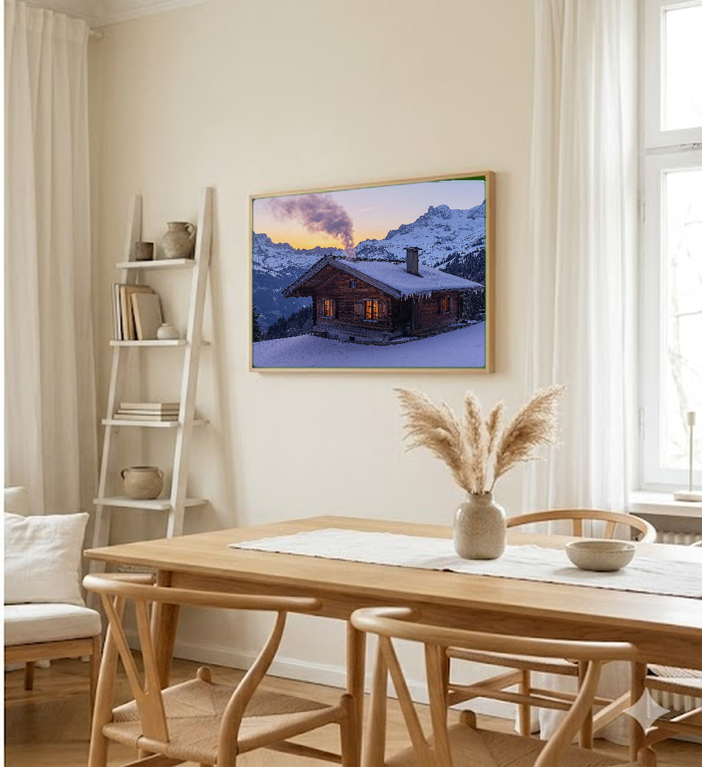 Swiss Chalet Canvas Wall Art | Alpine Village Print, Mountain Decor, European Landscape, Stretched Canvas — swiss-alps-chalet-dining-room-wall-art.jpg