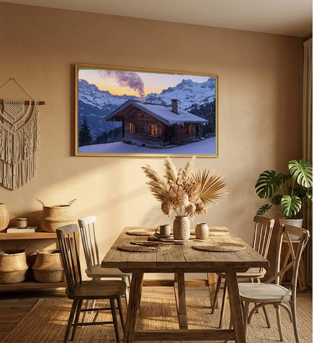 Swiss Chalet Canvas Wall Art | Alpine Village Print, Mountain Decor, European Landscape, Stretched Canvas — swiss-alps-chalet-hallway-wall-art.jpg