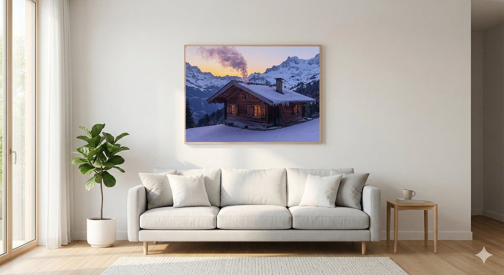 Swiss Chalet Canvas Wall Art | Alpine Village Print, Mountain Decor, European Landscape, Stretched Canvas — swiss-alps-chalet-living-room-wall-art.jpg