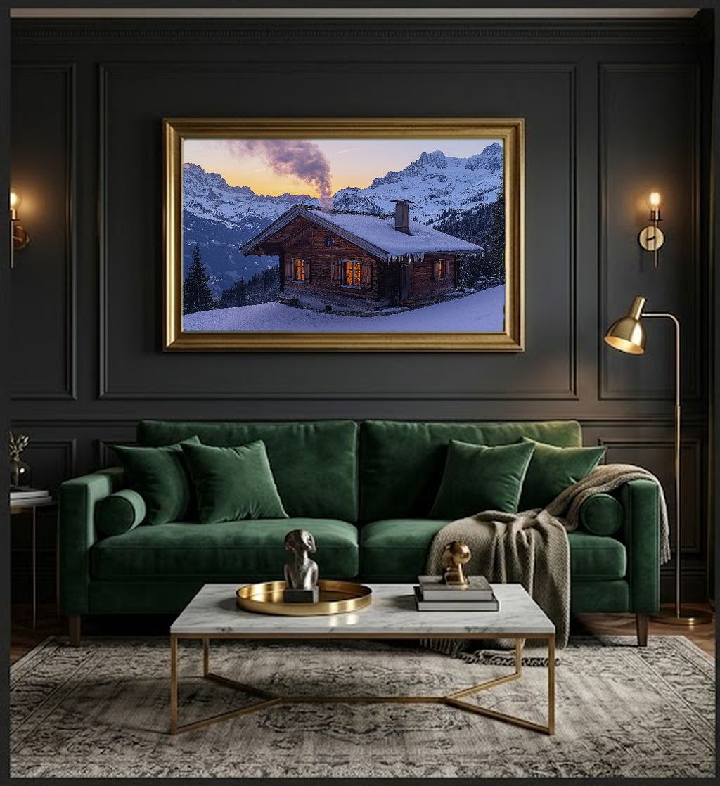 Swiss Chalet Canvas Wall Art | Alpine Village Print, Mountain Decor, European Landscape, Stretched Canvas — swiss-alps-chalet-office-wall-art.jpg