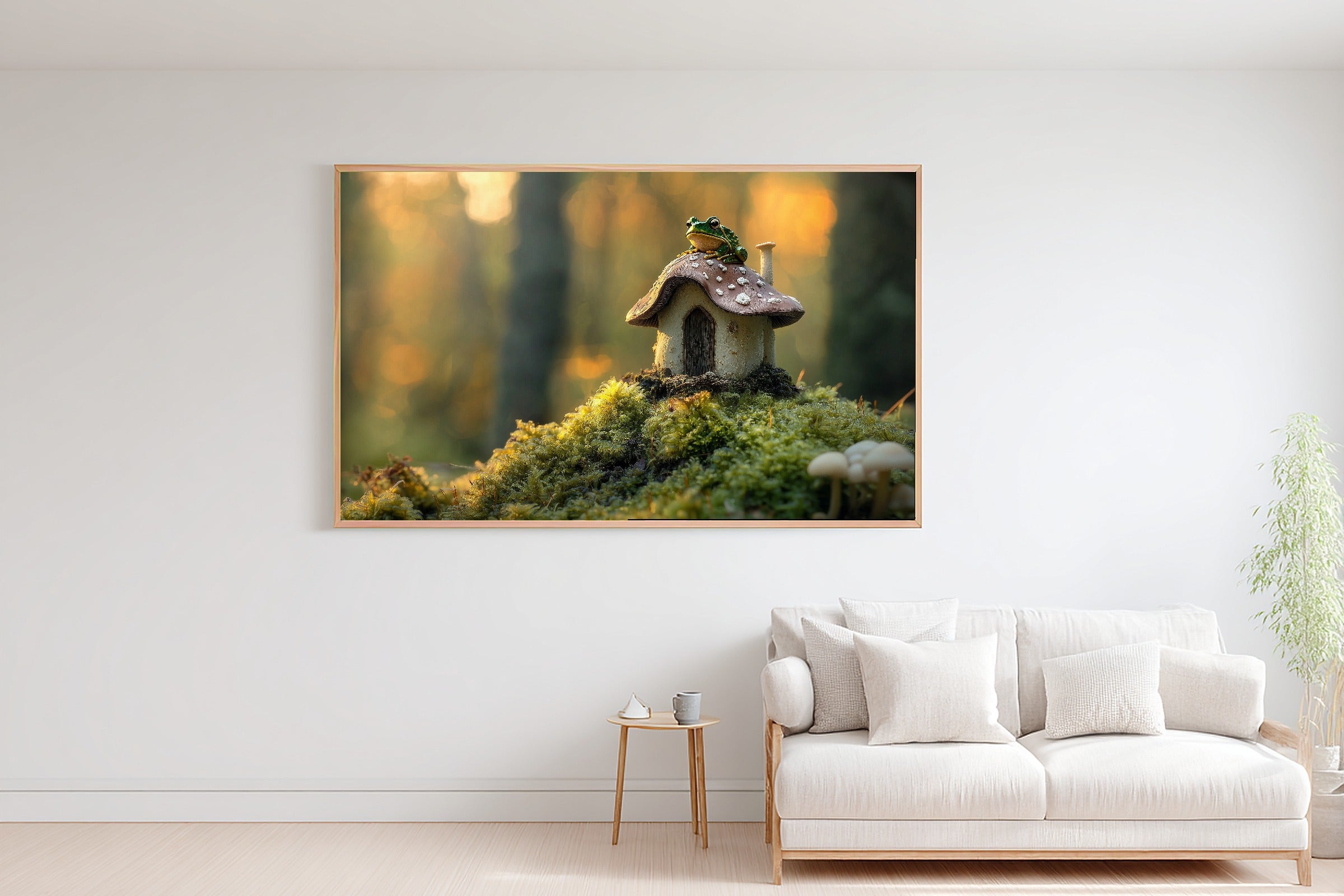 Toad Mushroom Cottage Stretched Canvas Print, Moody Pine Forest Art Home Decor Print, Modern Reading Nook Art, Mother's Day Gift Idea — toad-mushroom-cottage-bedroom-wall-art.jpg