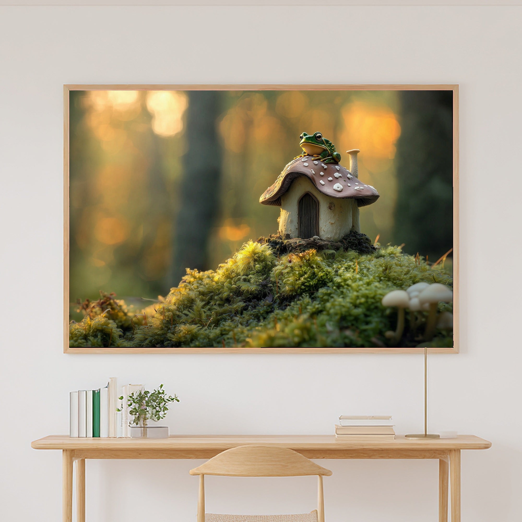Toad Mushroom Cottage Stretched Canvas Print, Moody Pine Forest Art Home Decor Print, Modern Reading Nook Art, Mother's Day Gift Idea — toad-mushroom-cottage-canvas-print.jpg