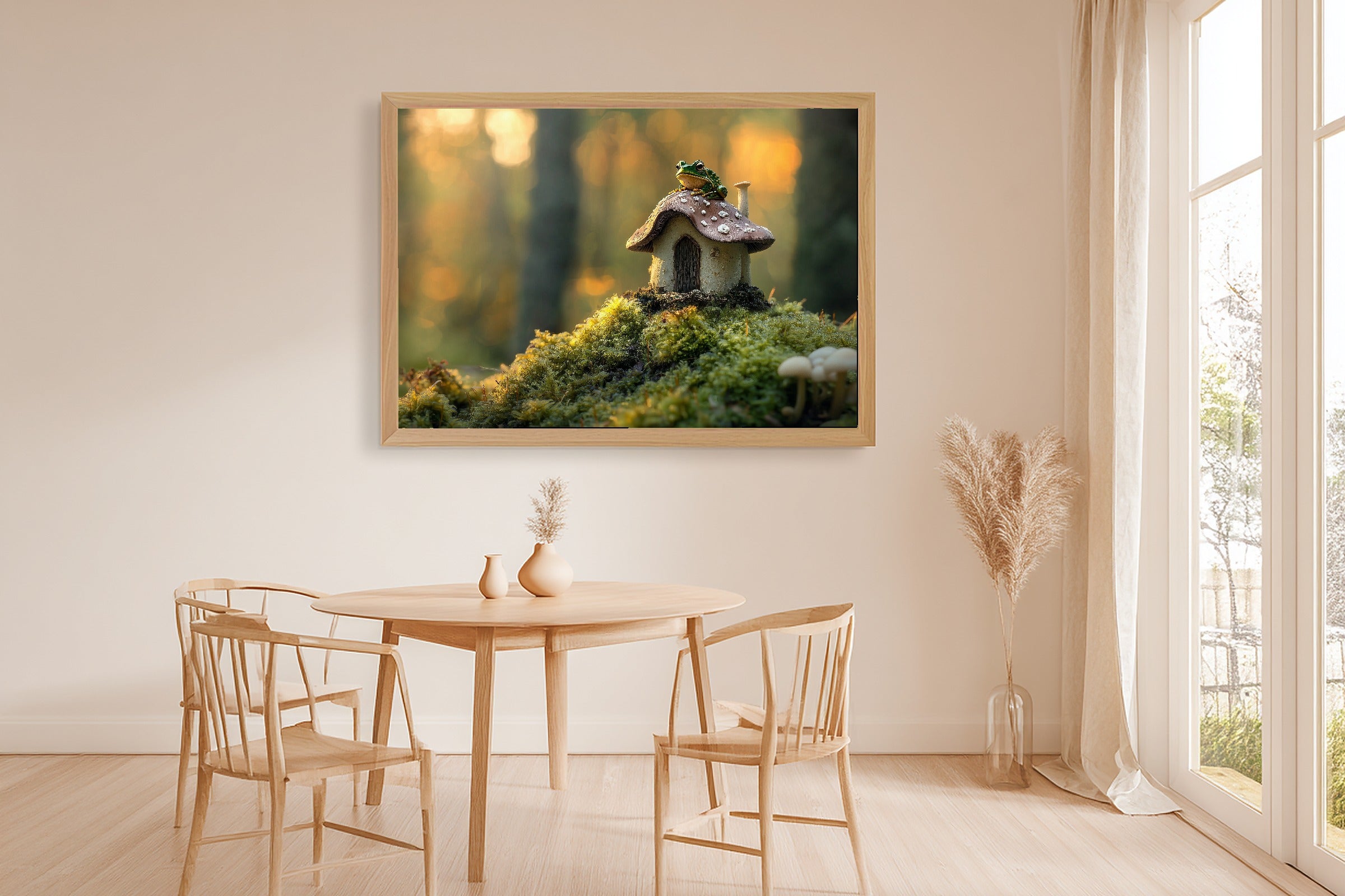 Toad Mushroom Cottage Stretched Canvas Print, Moody Pine Forest Art Home Decor Print, Modern Reading Nook Art, Mother's Day Gift Idea — toad-mushroom-cottage-dining-room-wall-art.jpg