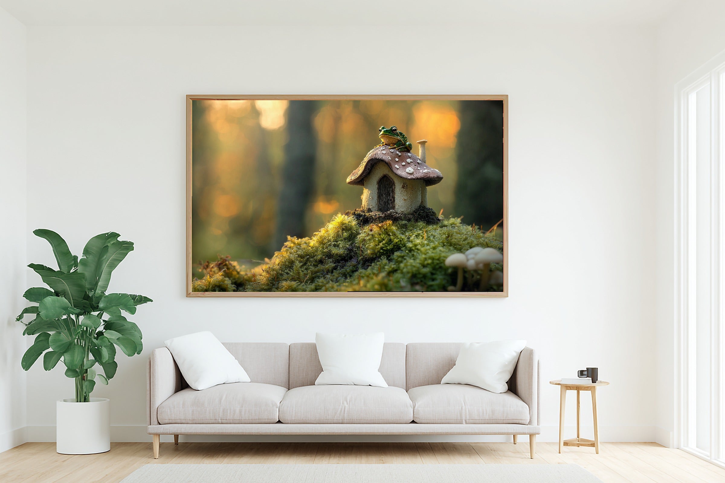 Toad Mushroom Cottage Stretched Canvas Print, Moody Pine Forest Art Home Decor Print, Modern Reading Nook Art, Mother's Day Gift Idea — toad-mushroom-cottage-living-room-wall-art.jpg