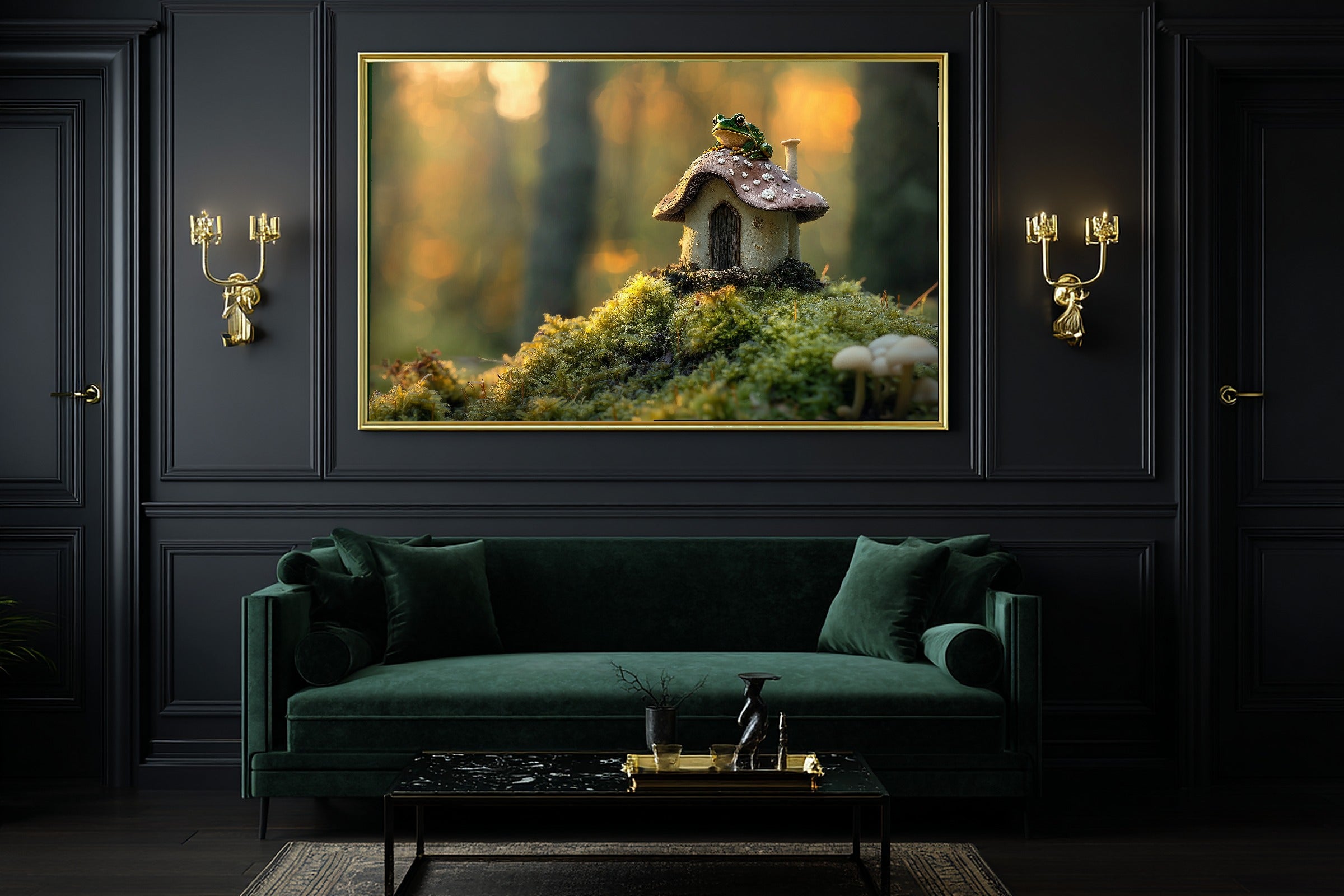 Toad Mushroom Cottage Stretched Canvas Print, Moody Pine Forest Art Home Decor Print, Modern Reading Nook Art, Mother's Day Gift Idea — toad-mushroom-cottage-office-wall-art.jpg
