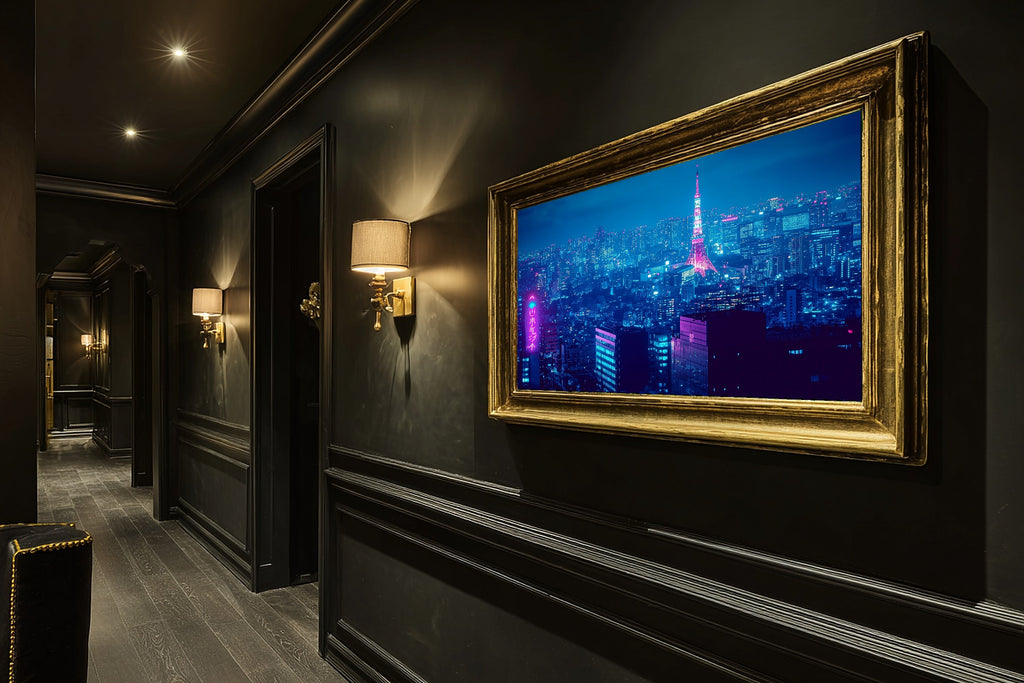 Dreamy Metro Tokyo Skyline Neon Canvas Wall Art — Timeless Print for the Modern Loft, A Gift the City Wanderer Will Adore — tokyo-skyline-neon-hallway-wall-art.jpg