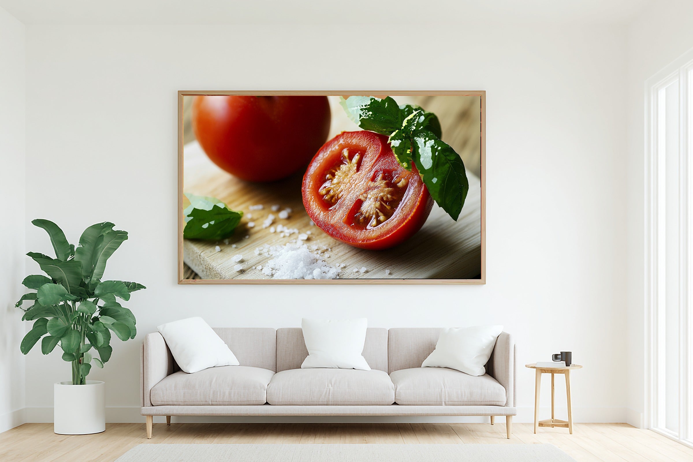 Tomato Basil Cutting Board Canvas Wall Art, Floral Cottagecore Art Home Decor Print, Modern Cottage Kitchen Art, Move-In Gift Idea — tomato-basil-cutting-board-living-room-wall-art.jpg