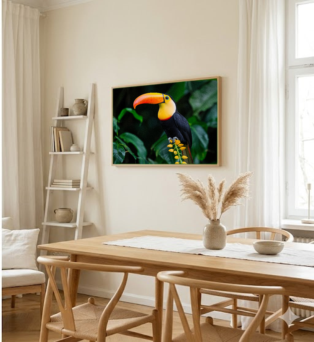 Toucan Canvas Wall Art | Jungle Heliconia Print, Tropical Decor, Stretched Canvas — toucan-jungle-heliconia-dining-room-wall-art.jpg