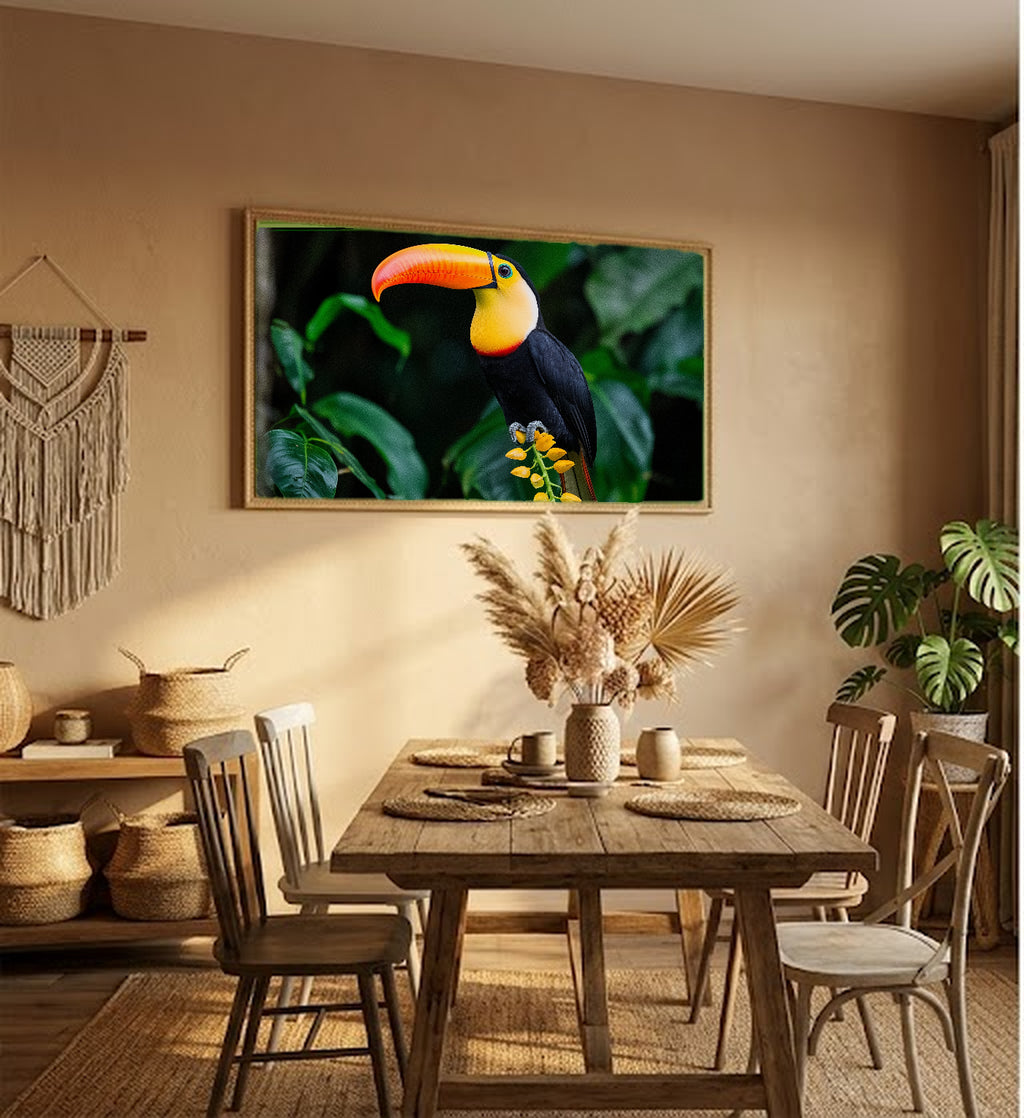 Toucan Canvas Wall Art | Jungle Heliconia Print, Tropical Decor, Stretched Canvas — toucan-jungle-heliconia-hallway-wall-art.jpg