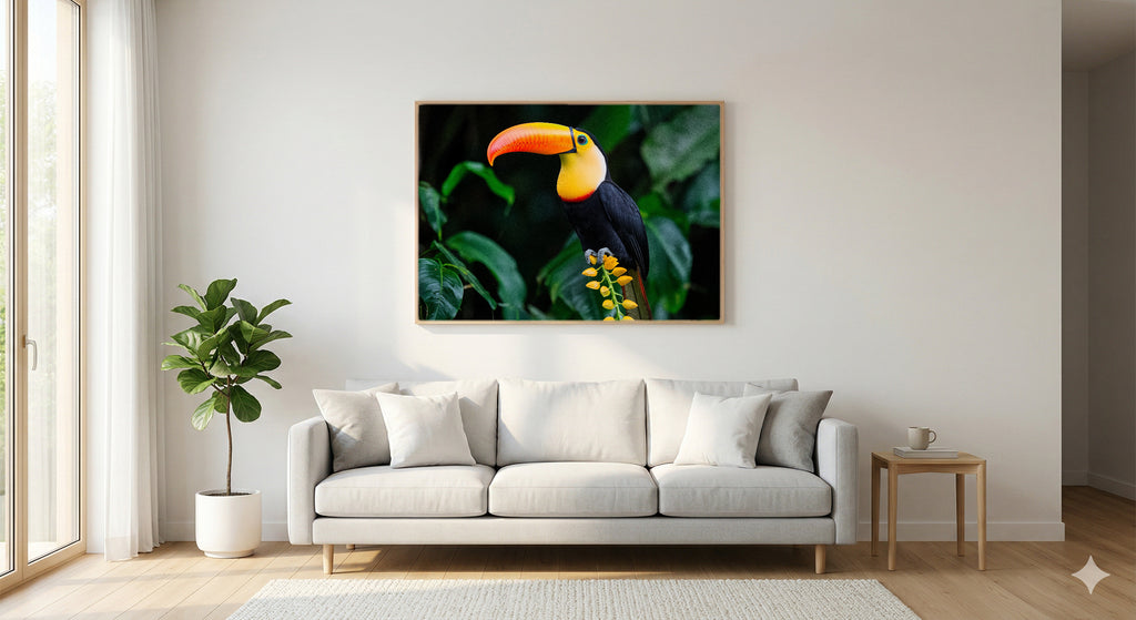 Toucan Canvas Wall Art | Jungle Heliconia Print, Tropical Decor, Stretched Canvas — toucan-jungle-heliconia-living-room-wall-art.jpg