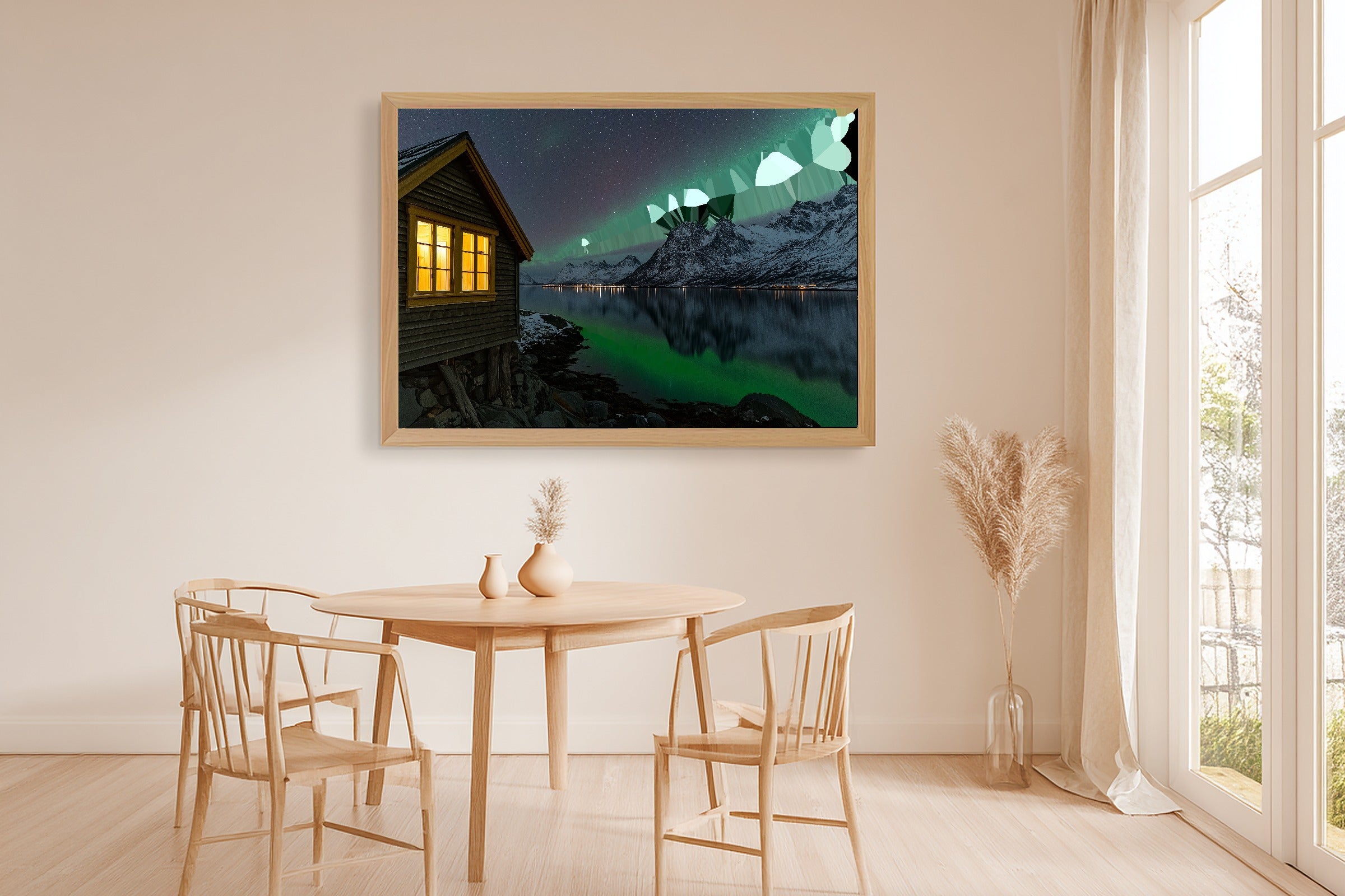 Soft Nordic Tromso Fjord Aurora Canvas Wall Art — Moody Midnight Print for the Bedroom, A Gift the Aurora Chaser Next Door Will Adore — tromso-fjord-aurora-dining-room-wall-art.jpg