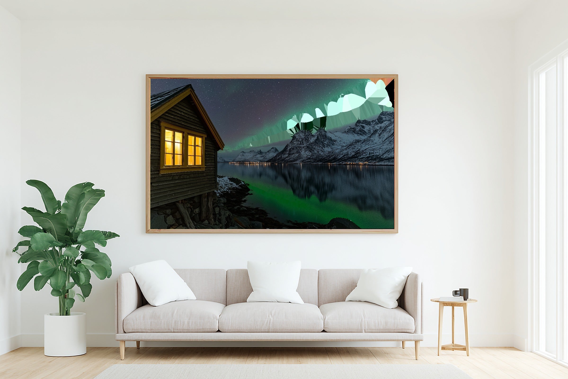 Soft Nordic Tromso Fjord Aurora Canvas Wall Art — Moody Midnight Print for the Bedroom, A Gift the Aurora Chaser Next Door Will Adore — tromso-fjord-aurora-living-room-wall-art.jpg