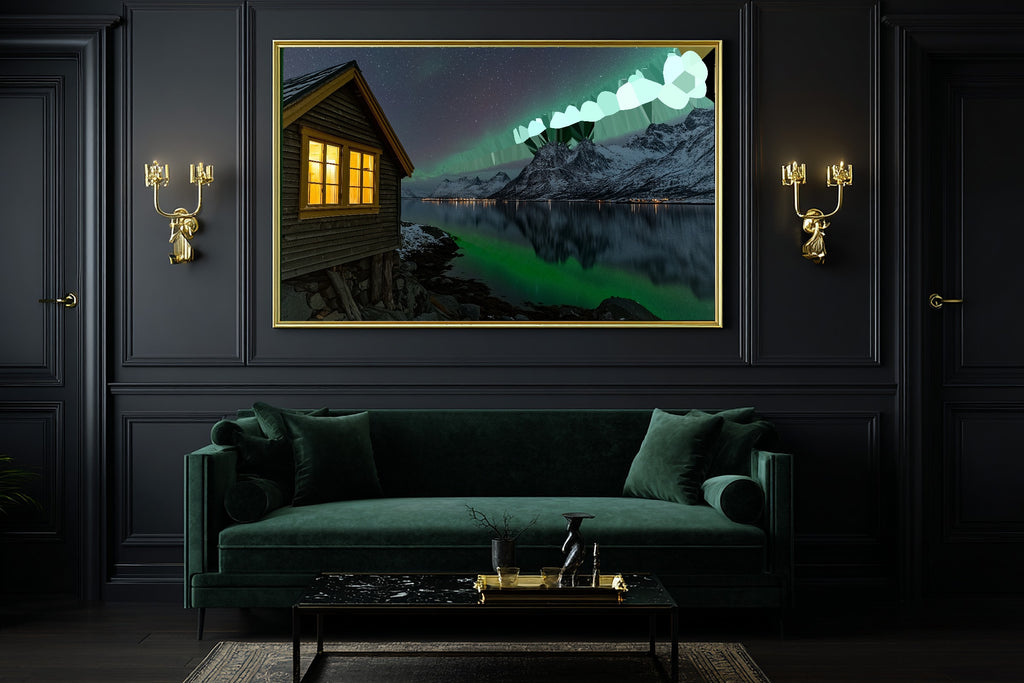 Soft Nordic Tromso Fjord Aurora Canvas Wall Art — Moody Midnight Print for the Bedroom, A Gift the Aurora Chaser Next Door Will Adore — tromso-fjord-aurora-office-wall-art.jpg