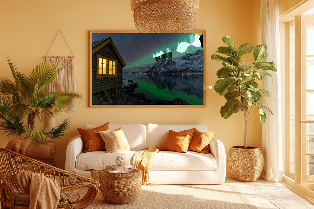 Soft Nordic Tromso Fjord Aurora Canvas Wall Art — Moody Midnight Print for the Bedroom, A Gift the Aurora Chaser Next Door Will Adore — tromso-fjord-aurora-room-5-wall-art.jpg