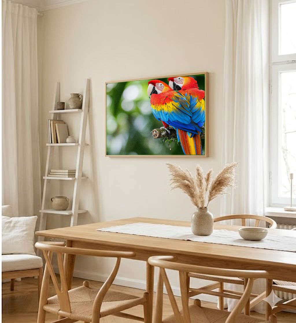 Macaw Pair Canvas Wall Art | Tropical Bird Print, Colorful Parrot, Wildlife Decor, Stretched Canvas — tropical-macaw-pair-dining-room-wall-art.jpg