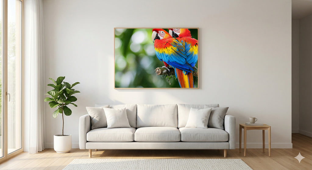 Macaw Pair Canvas Wall Art | Tropical Bird Print, Colorful Parrot, Wildlife Decor, Stretched Canvas — tropical-macaw-pair-living-room-wall-art.jpg