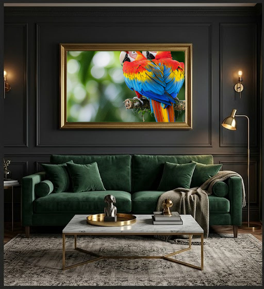 Macaw Pair Canvas Wall Art | Tropical Bird Print, Colorful Parrot, Wildlife Decor, Stretched Canvas — tropical-macaw-pair-office-wall-art.jpg