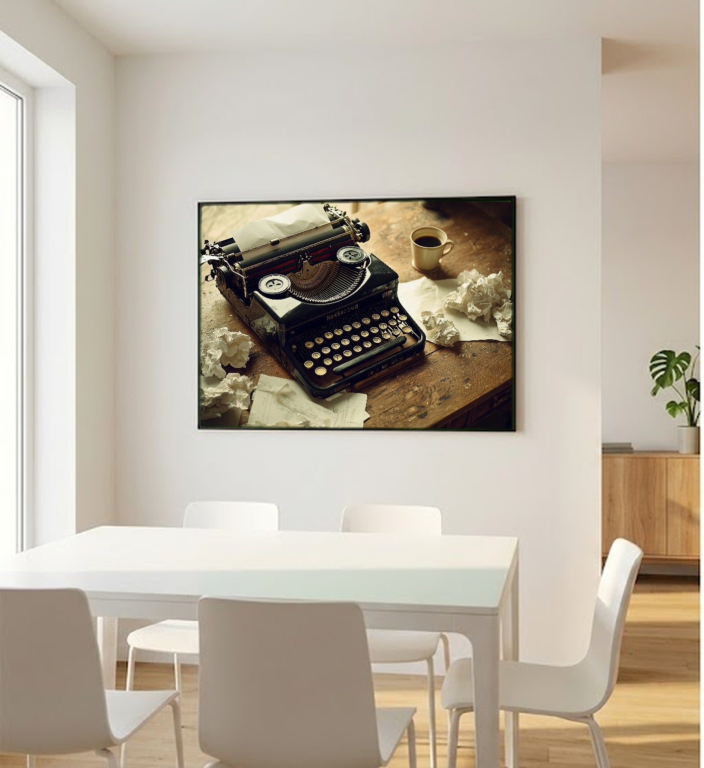 Vintage Typewriter Canvas Wall Art | Crumpled Drafts Still Life Print, Writer Studio Decor, Stretched Canvas — typewriter-crumpled-drafts-bedroom-wall-art.jpg