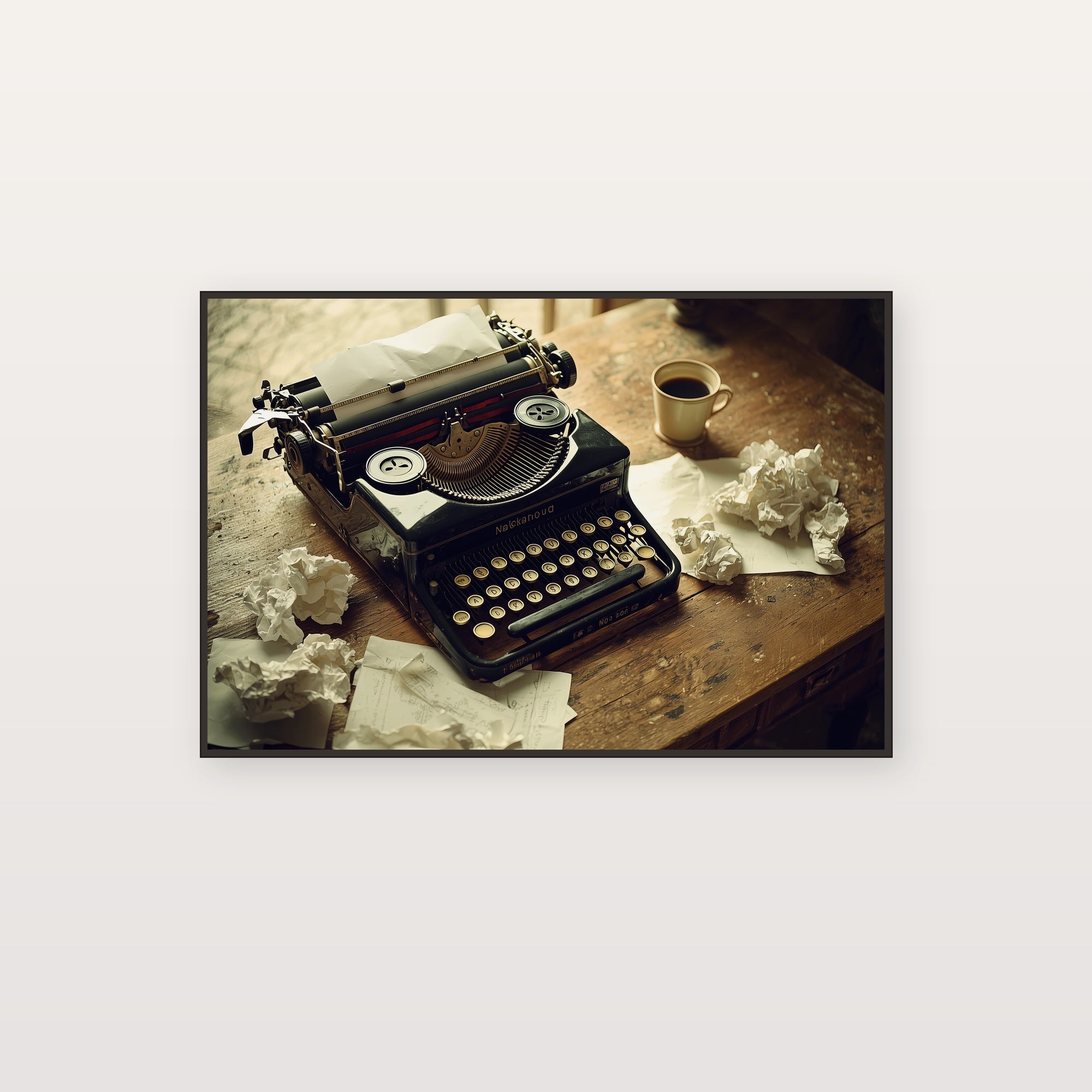 Vintage Typewriter Canvas Wall Art | Crumpled Drafts Still Life Print, Writer Studio Decor, Stretched Canvas — typewriter-crumpled-drafts-canvas-print.jpg