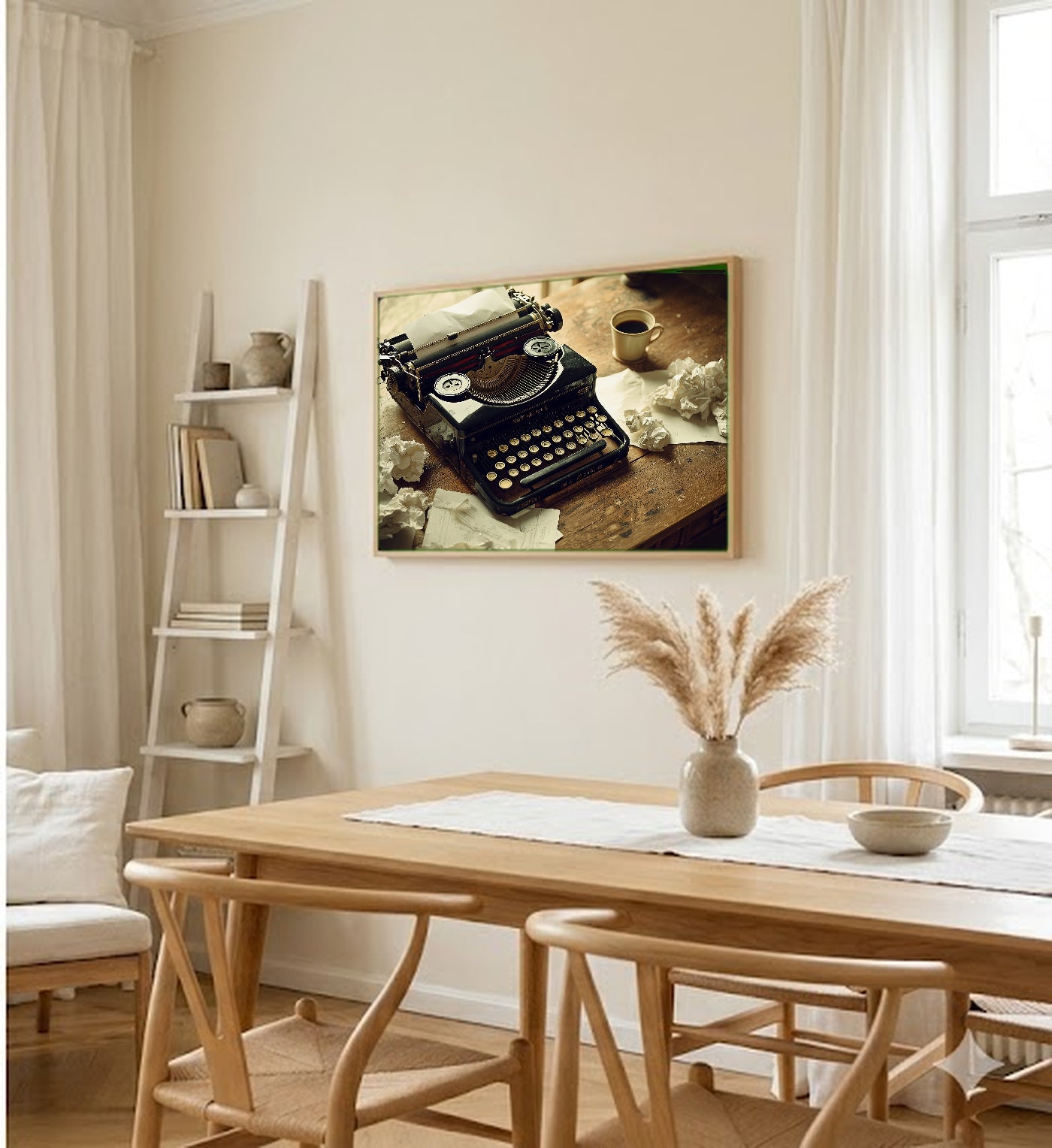 Vintage Typewriter Canvas Wall Art | Crumpled Drafts Still Life Print, Writer Studio Decor, Stretched Canvas — typewriter-crumpled-drafts-dining-room-wall-art.jpg