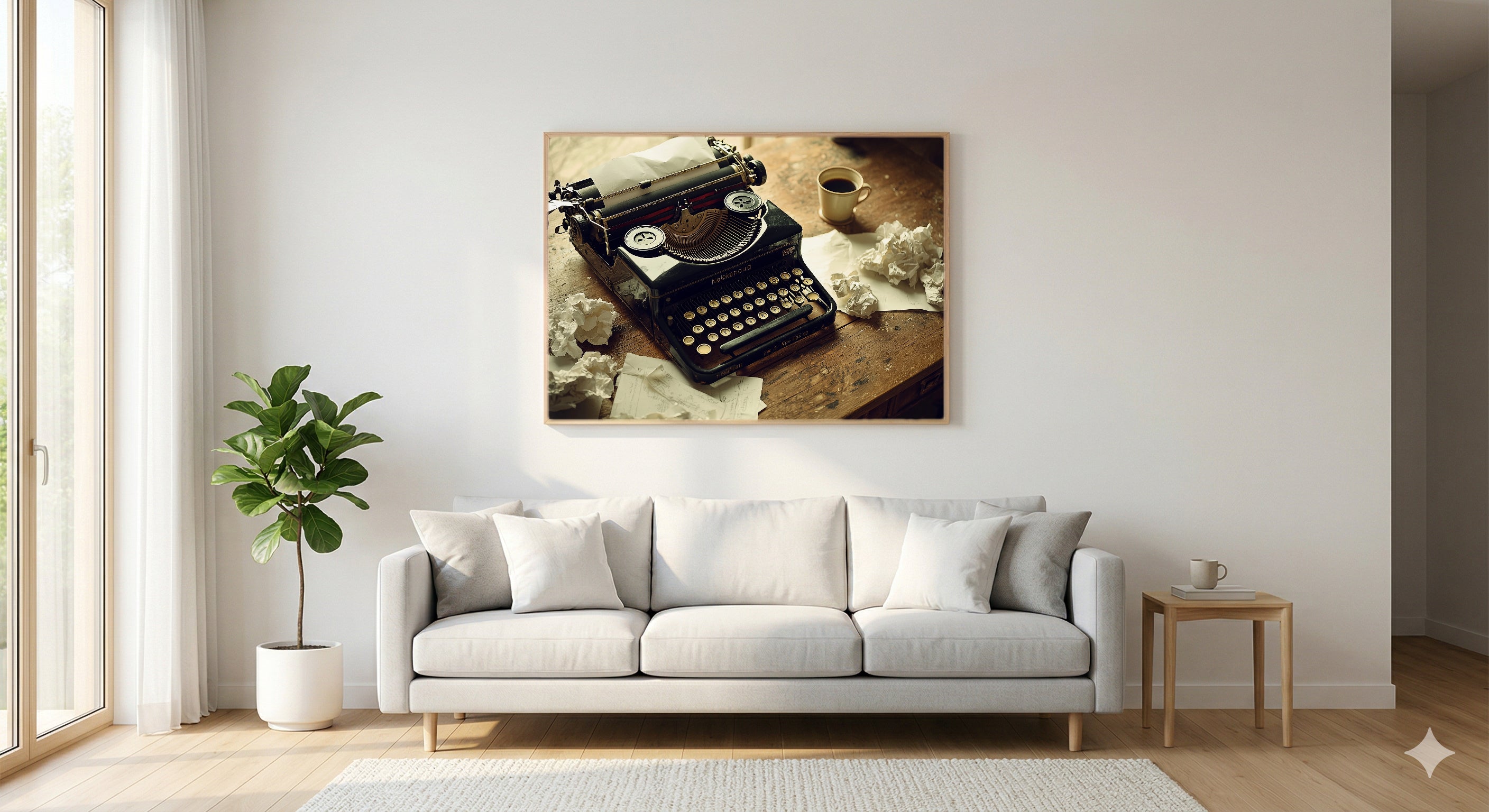 Vintage Typewriter Canvas Wall Art | Crumpled Drafts Still Life Print, Writer Studio Decor, Stretched Canvas — typewriter-crumpled-drafts-living-room-wall-art.jpg